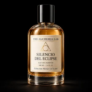 Silencio del Eclipse de The Alchemia Lab: frasco de perfume con etiqueta marfil y logo triangular sobre fondo negro mate.