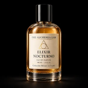 Elixir Nocturno de The Alchemia Lab: frasco de perfume con etiqueta marfil y logo triangular sobre fondo negro mate.