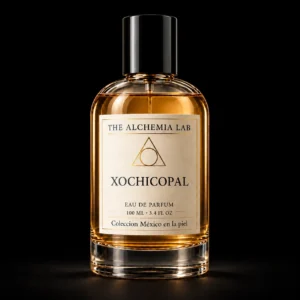 Xochicopal de The Alchemia Lab: frasco de perfume con etiqueta marfil y logo triangular sobre fondo negro mate.