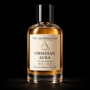 Obsidian Aura de The Alchemia Lab: frasco de perfume con etiqueta marfil y logo triangular sobre fondo negro mate.