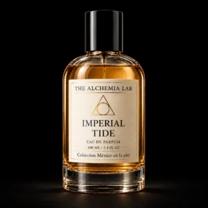 Imperial Tide de The Alchemia Lab: frasco de perfume con etiqueta marfil y logo triangular sobre fondo negro mate.